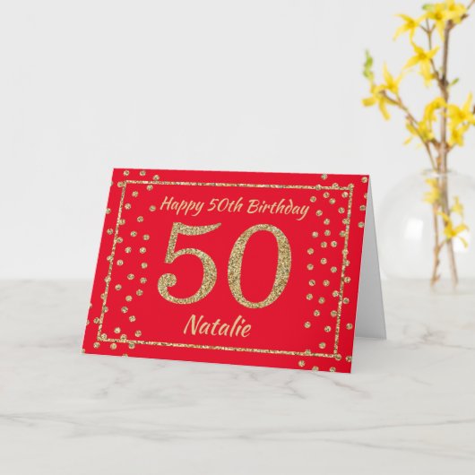 Carte 50e anniversaire Parties scintillant rouge et or c (Fleur jaune)