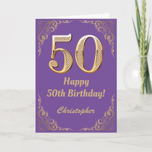 Carte 50e anniversaire Parties scintillant violet et or (Devant)