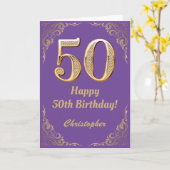 Carte 50e anniversaire Parties scintillant violet et or (Fleur jaune)