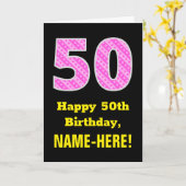 Carte 50e anniversaire : Pink Stripes and Hearts "50" +  (Fleur jaune)