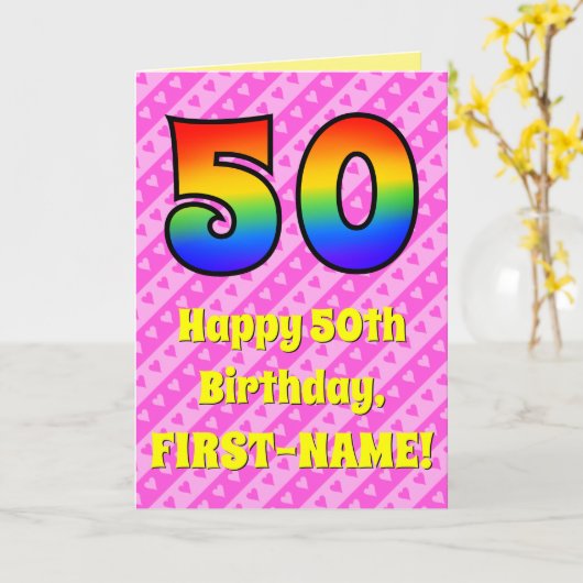 Carte 50e anniversaire : Pink Stripes & Hearts, Arc en c (Fleur jaune)