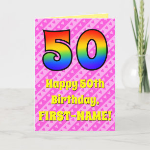 Carte 50e anniversaire : Pink Stripes & Hearts, Arc en c