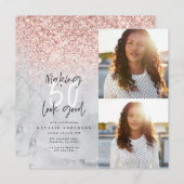 Carte 50e anniversaire rose or parties scintillant marbr (Devant / Derrière)