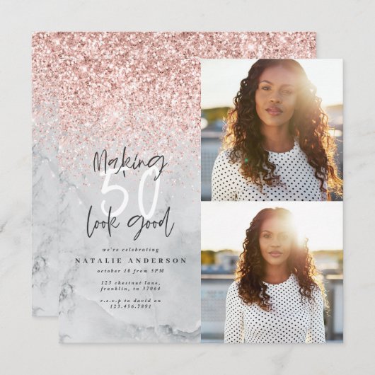 Carte 50e anniversaire rose or parties scintillant marbr (Devant / Derrière)