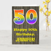 Carte 50e anniversaire : Rustic Faux Wood Look, Rainbow  (Fleur jaune)