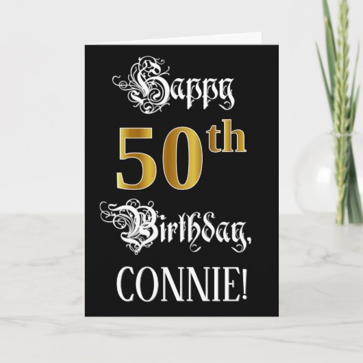 Carte 50e anniversaire — Script fantaisie; look or Faux; (Devant)