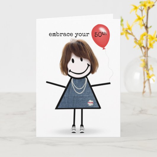 Carte 50e Anniversaire Stick Figure Girl avec Ballons Ro (Fleur jaune)