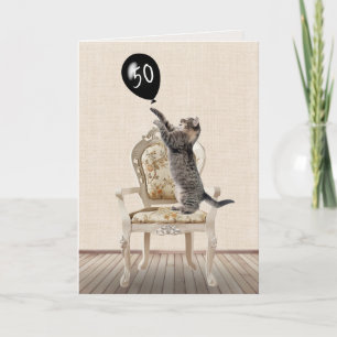 Carte 50e anniversaire Tabby Chat sur chaise