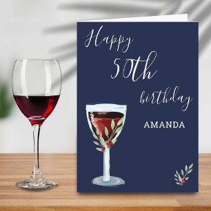 Carte 50e anniversaire Vin rouge Rose Aquarelle Marine B