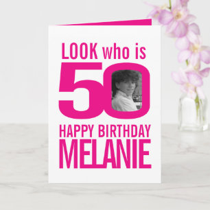 Carte 50e Joyeux anniversaire 2 photos blanc rose