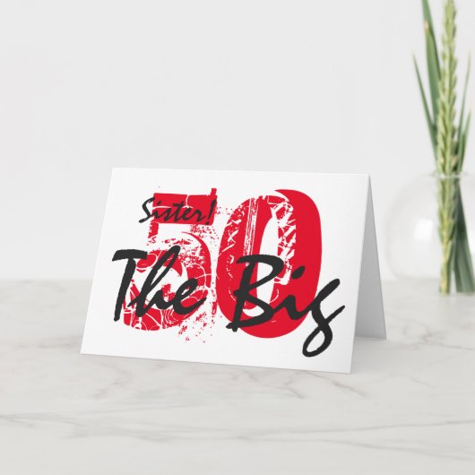 Carte 50ème anniversaire pour soeur, noir, texte rouge, (Devant)