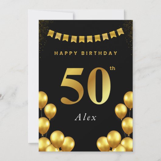 Carte 50th Birthday Card Black and Gold Balloons (Devant)