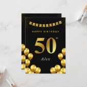 Carte 50th Birthday Card Black and Gold Balloons (Devant/Arrière en situation)