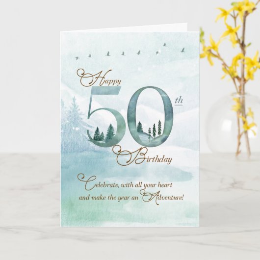 Carte 50th Birthday Evergreen Pines and Deer Nature (Fleur jaune)
