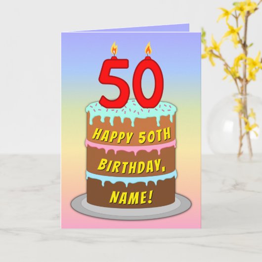 Carte 50th Birthday — Fun Cake & Candles, w/ Custom Name (Fleur jaune)