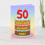 Carte 50th Birthday — Fun Cake & Candles, w/ Custom Name<br><div class="desc">This upbeat and cheerful birthday themed greeting card design features a cartoon-style depiction of a three-tier birthday cake having number-shaped candles on top showing the age “50“, along with the message “HAPPY 50TH BIRTHDAY, ”, and an editable recipient name. The background of the front features a multicolored pastel rainbow spectrum...</div>