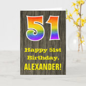 Carte 51e anniversaire : aspect bois rustique faux, "51" (Fleur jaune)