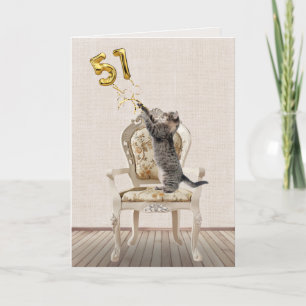 Carte 51e anniversaire Ballons et Tabby Cat