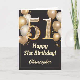 Carte 51e anniversaire Ballons Noir et Or Confetti