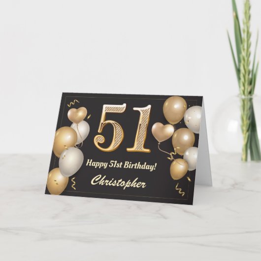 Carte 51e anniversaire Ballons noirs et or Anniversaire (Devant)