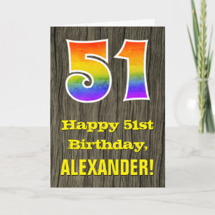 Carte 51e anniversaire : Rustic Faux Wood Look, Arc-en-c