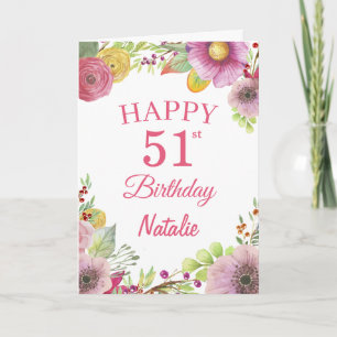 Carte 51st Birthday Watercolor Floral Flowers Pink Card