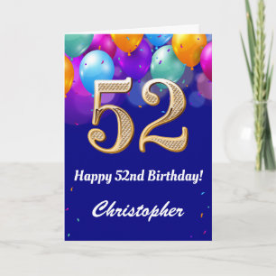 Carte 52e anniversaire Ballons bleu et or couleur marine