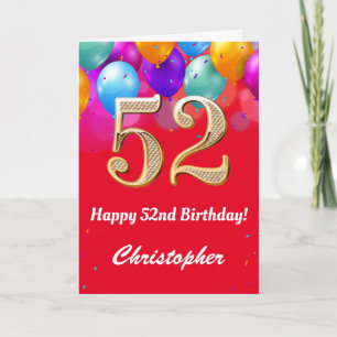 Carte 52e anniversaire Ballons rouges et dorés