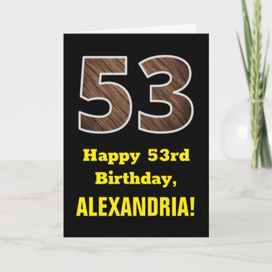 Carte 53e anniversaire : Nom, Motif Faux Wood Grain "53" (Devant)