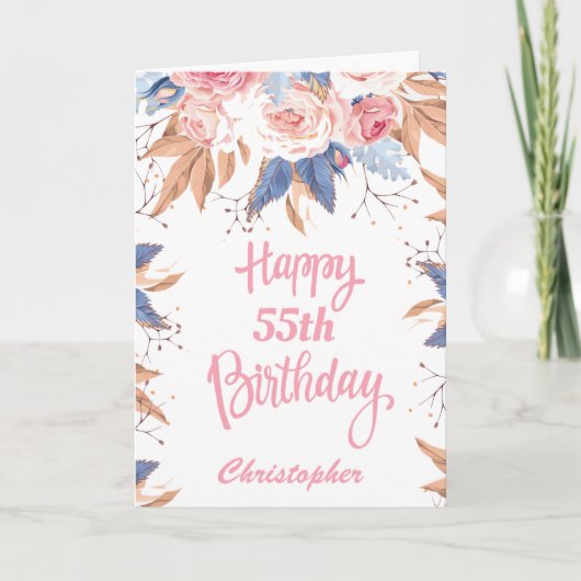 Carte 55e anniversaire Aquarelle Botanique Rose Floral (Devant)