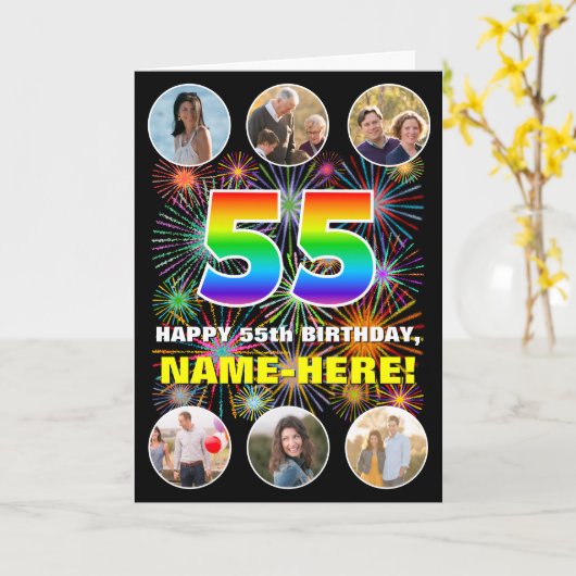 Carte 55e anniversaire : Arc-en-ciel amusant #, Nom pers (Fleur jaune)