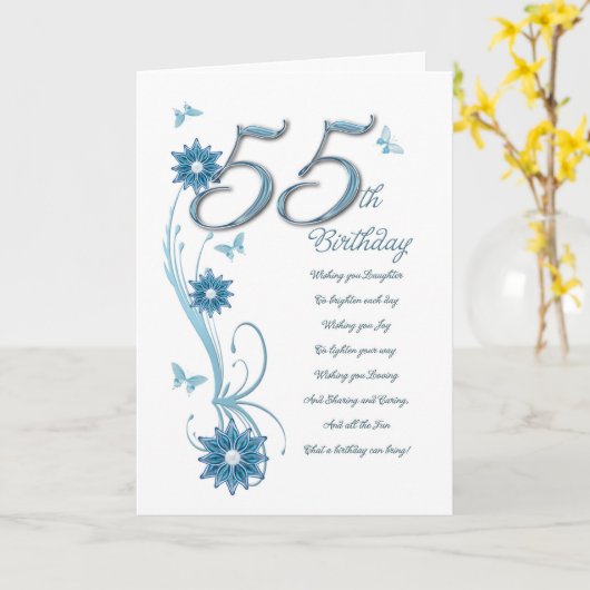 Carte 55e anniversaire en turquoise avec fleurs et papil (Fleur jaune)