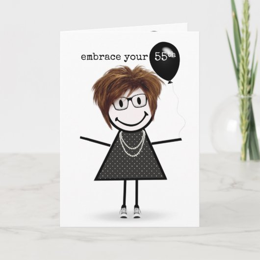 Carte 55e Anniversaire Stick Figure Girl avec ballon (Devant)