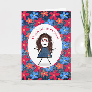 Carte 55e Anniversaire Stick Girl and Daisies On Denim