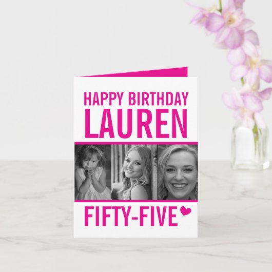 Carte 55e anniversaire trois photos rose et blanc chaud (Orchidée)