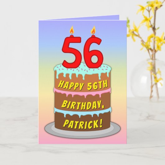 Carte 56e anniversaire — Fun Cake & Candles, avec nom pe (Fleur jaune)