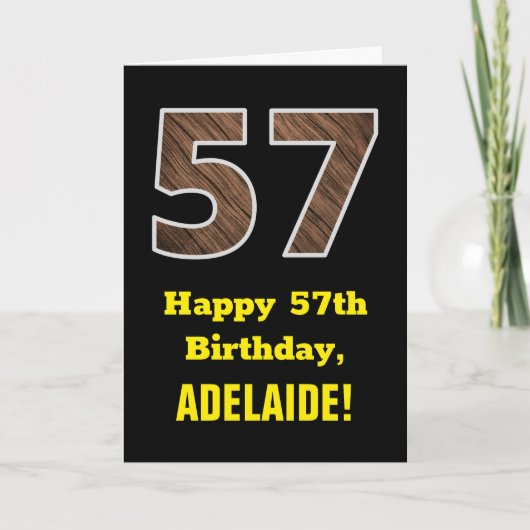 Carte 57e anniversaire : Nom, Motif Faux Wood Grain "57" (Devant)