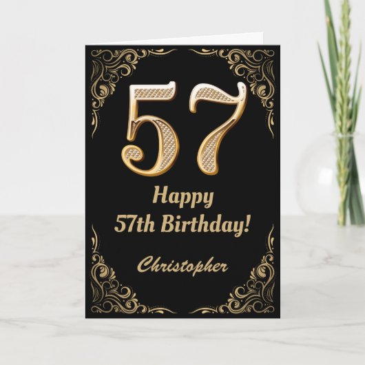 Carte 57e anniversaire Parties scintillant noir et or ca (Devant)