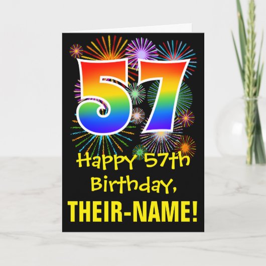 Carte 57ème anniversaire : Fun Fireworks Motif + Rainbow (Devant)