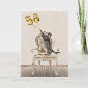 Carte 58e anniversaire Ballons et Tabby Cat