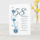 Carte 58e anniversaire en turquoise avec fleurs et papil (Fleur jaune)