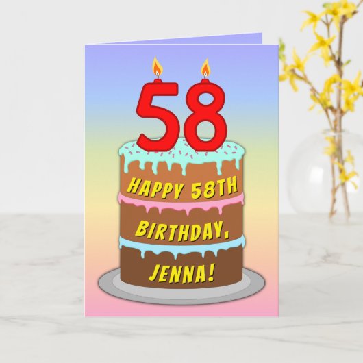 Carte 58e anniversaire — Fun Cake & Candles, avec nom pe (Fleur jaune)