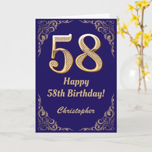 Carte 58e anniversaire Marine Parties scintillant bleu e (Fleur jaune)