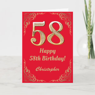 Carte 58e anniversaire Parties scintillant rouge et or