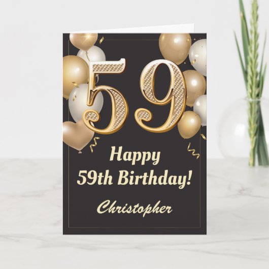 Carte 59e anniversaire Ballons Noir et Or Confetti (Devant)