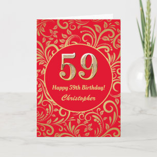 Carte 59e anniversaire Motif Floral rouge et or