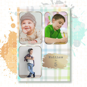 Carte 5 ans avec 3 photos à carreaux aquarelle pou