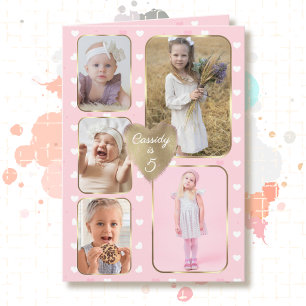 Carte 5e anniversaire 5 photos en collage cœurs roses or