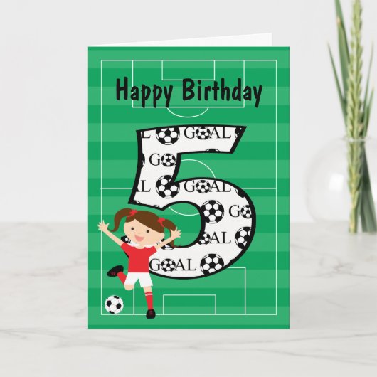 Carte 5e anniversaire Fille de football rouge et blanc 1 (Devant)
