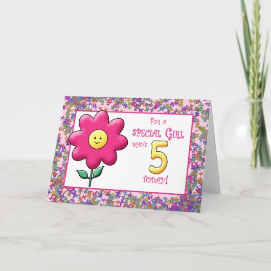 Carte 5e anniversaire mignon Fleur rose et (Devant)